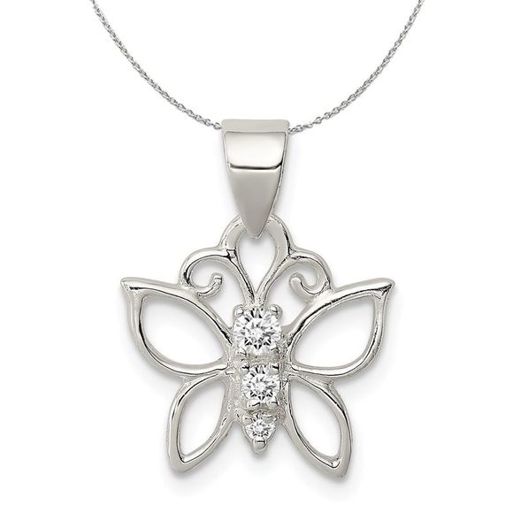 Sterling Silver and Cubic Zirconia Butterfly 13mm Necklace - 18 Inch
